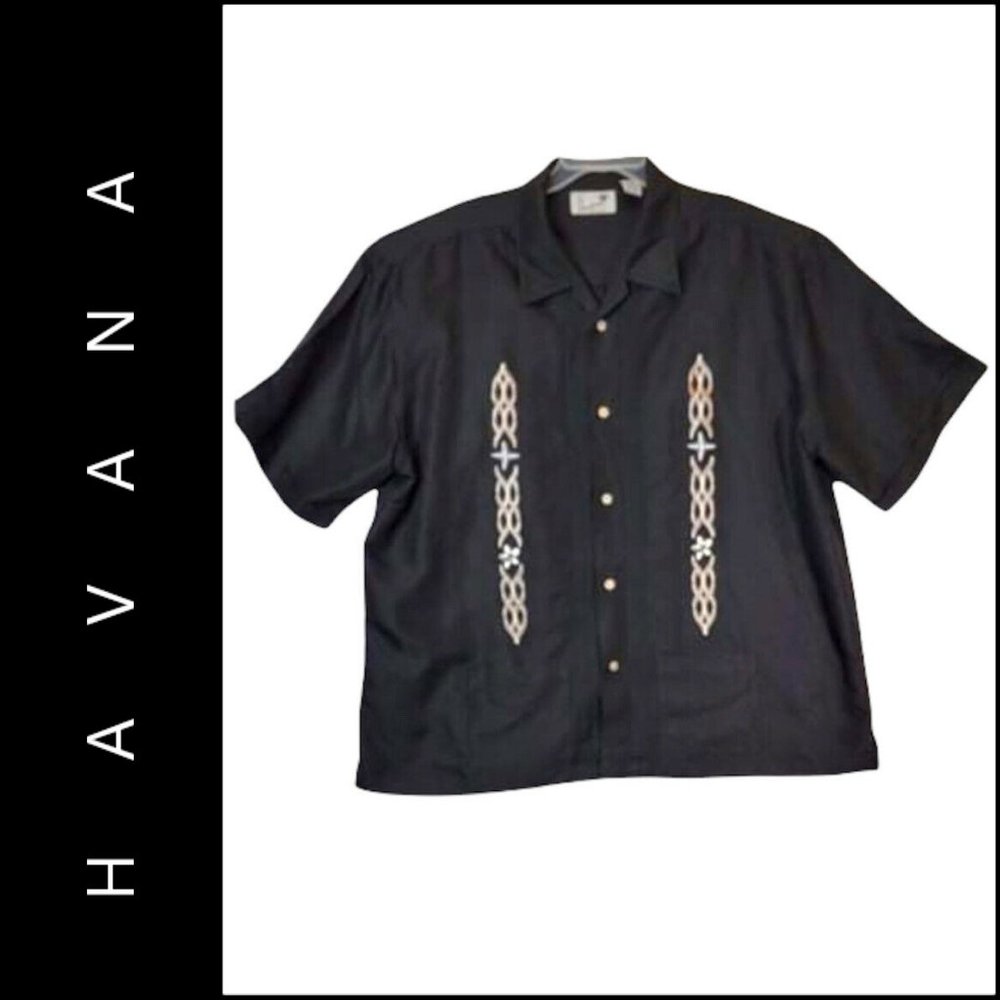 Havana Shirt Men's Embroidered Short Sleeve Button Front Size 2X Black